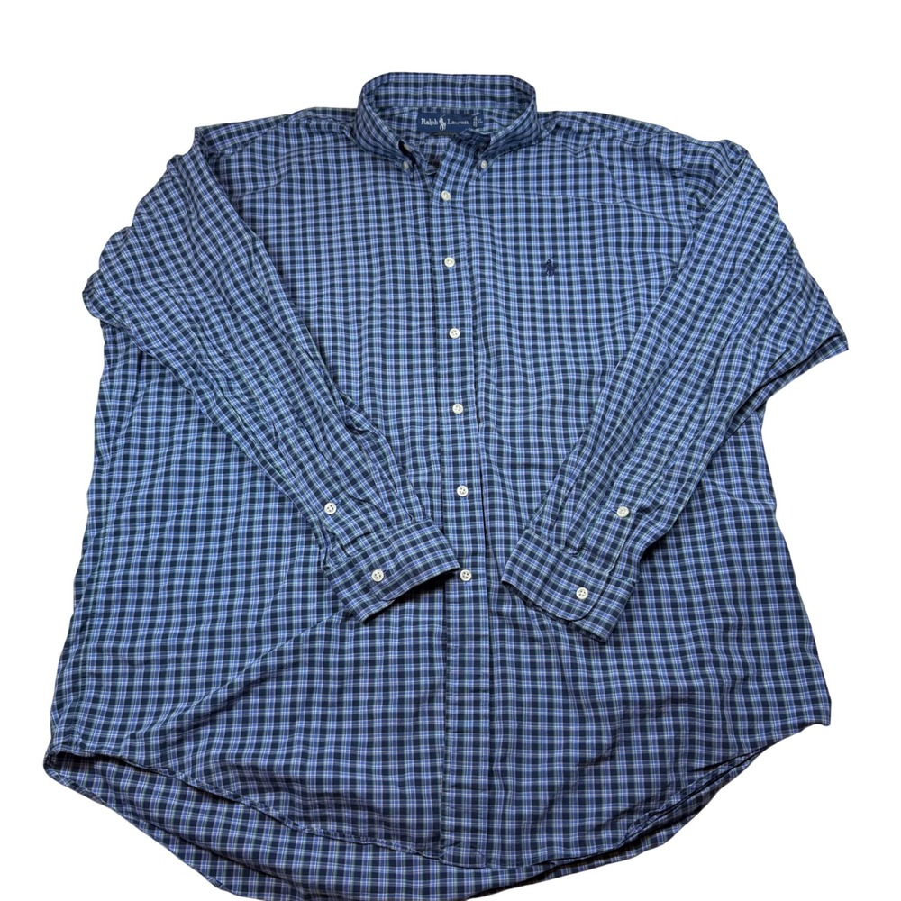 Ralph Lauren Blake Shirt Mens XL Blue Plaid Vintage 90s Cotton Button Down